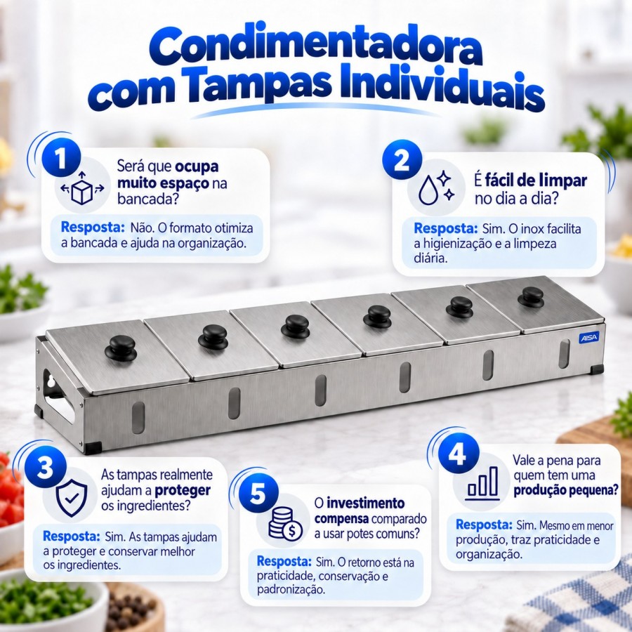 Condimentadora Pizzarola Inox 6 Cubas Acrílico Tampa Individual - Aisa